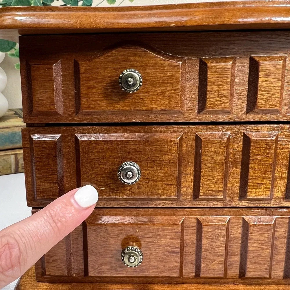 Vintage Wood Jewelry Box | Velvet Lined